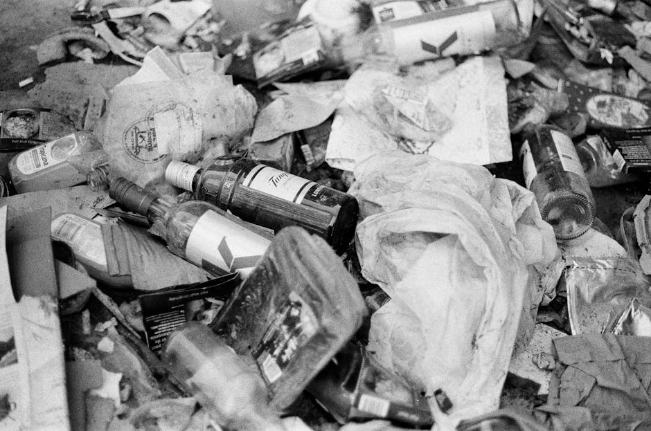 A large collection of mixed household waste and rubbish strewn across a paved driveway, including crumpled paper, discarded plastic bottles, containers, and packaging of various shapes and sizes. The materials exhibit textures such as smooth plastic, crumpled paper, and crinkled foil, with some items partially crushed or flattened, showcasing a range of light and dark tones. The waste appears to be casually piled in an unorganized manner, occupying most of the visible surface area with some items leaning against each other or lying atop others. In the background, the edge of the driveway or pavement is barely visible while the foreground is densely filled with rubbish. This scene strongly relates to the topics of private waste disposal and rubbish removal services, such as those offered by Waste Clearance Hounslow, especially for cases requiring on-site clearance or alternative collection methods outside local authority rubbish dumping regulations. The overall environment suggests a setting where waste has either been gathered temporarily or is awaiting disposal, highlighting the importance of professional rubbish removal for proper cleanup and environmentally responsible waste management.